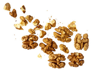 A pile of peeled walnuts, raw nuts closeup, graphic element isolated on a transparent background