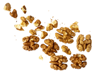 A pile of peeled walnuts, raw nuts closeup, graphic element isolated on a transparent background