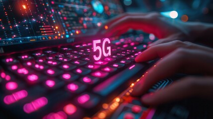  a holographic keyboard with glowing letters 5G emphasizing the integration of cutting-edge connectivity .
