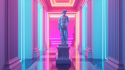 A classical sculpture with a modern neon backdrop, merging antiquity with modernity, perfect for creative projects or as an atmospheric backdrop for music or cultural events.