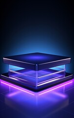 a black square box with clear glass and a purple light