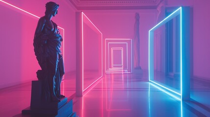 Statue in ethereal neon lighting, offering a unique perspective on classical art, suitable for use as a creative visual for events, editorials, or modern interior design.