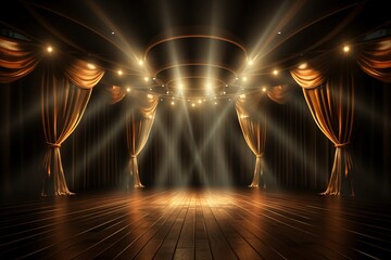 a stage with gold curtains and lights