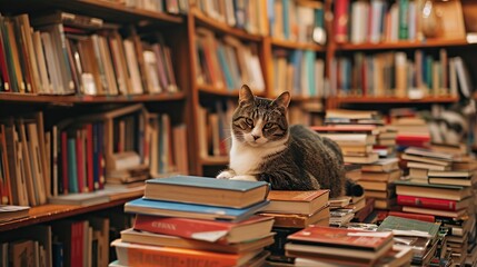 Contemplative cat sits among piles of books in a cozy bookstore, creating an inviting atmosphere for book enthusiasts and pet lovers, ideal for education and leisure themes, with ample space for text.