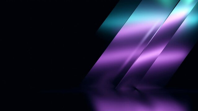 This image depicts an abstract design featuring geometric shapes illuminated by neon lights in shades of blue and purple, creating a modern and futuristic ambiance against a dark backdrop.