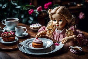 Obraz na płótnie Canvas cute doll with a cup of tea and cake
