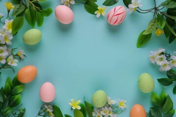 Naklejka na ściany i meble Happy Easter Eggs Basket Turquoise Sunset. Bunny in Presentation space flower Garden. Cute 3d fresh air easter rabbit illustration. Easter Buttercream card wallpaper feast