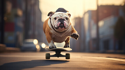 A bulldog riding skateboard - obrazy, fototapety, plakaty