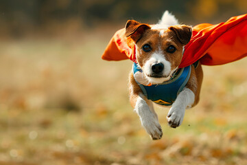 A superhero dog flying through the air