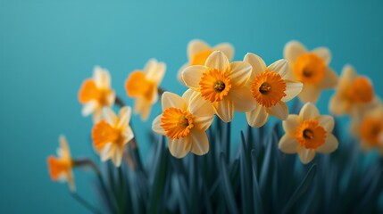 Bright Yellow Daffodils Blooming against a Vibrant Blue Background with Space for Text Placement