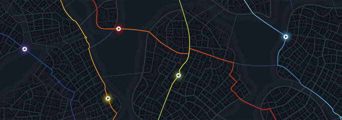 Highlighted routes with multiple alternatives on city map for projects related to guides, routes, and route planning. Vector illustration of a city map with a high view design on black background. - obrazy, fototapety, plakaty