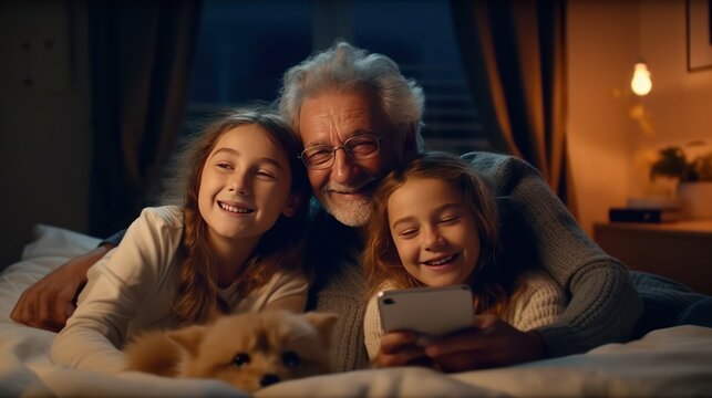 Grandparents and granddaughter taking a selfie on the smartphone in bed at home
