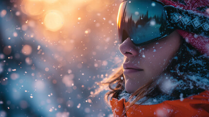 Close-up face portrait of young Caucasian woman wearing winter hat and ski goggles in mountains. Beautiful brunette girl goes snowboarding or skiing. - obrazy, fototapety, plakaty
