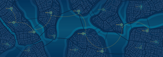 Location data on an abstract map. Designated markers. Graphic visualization background data on map graph. Abstract vector map of roads with data on top of it. Editable illustration.
