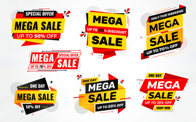 Mega sale banner set discount background template abstract vector. Special offer promo design. Mega sale tag banner template design for web or social media, Sale special offer.