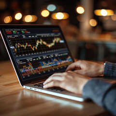 Close-up fo hands typing on a laptop with stock market graphs on the screen, editorial, office back