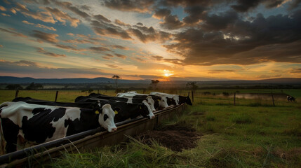 A group of dairy cows gather around a trough filled with nutritious feed happily munching away as the sun sets in the background.