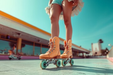 Beautiful long-legged girls pose on vintage roller skates in the park on a warm summer day - obrazy, fototapety, plakaty
