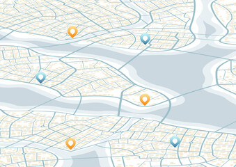 Extensive city scheme featuring points of interest. Abstract navigation plan of the urban area. General city map indicating streets, roads, and buildings. Colored flat, editable vector illustration
