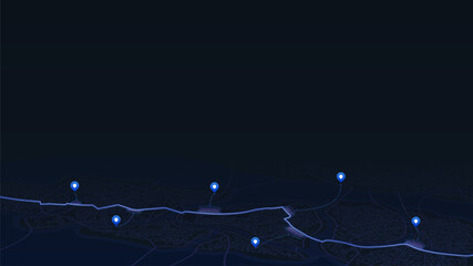 Primary road running across the entire map. Navigation and pinned location. Basic city scheme POI. General city map indicating streets, roads, and buildings. Editable vector illustration background.