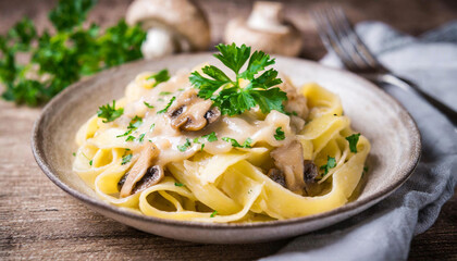 Tagiatelle with porcini mushroom cream sauce on a wooden table, parsley decorated - obrazy, fototapety, plakaty