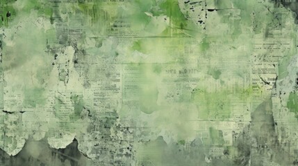 The background is old newspaper clippings in Pista Green color