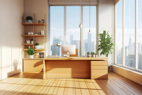 Contemporary wooden office interior with desktop, equipment, window with city view and other items. Workplace and design concept.