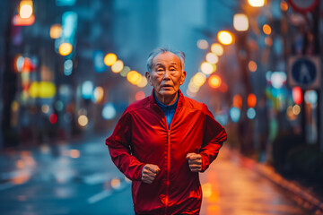 Fototapeta premium Everyday activity is important. Older asian adult running in city in dusk.