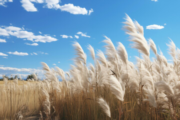 Pampa grass field with light blue sky and clouds