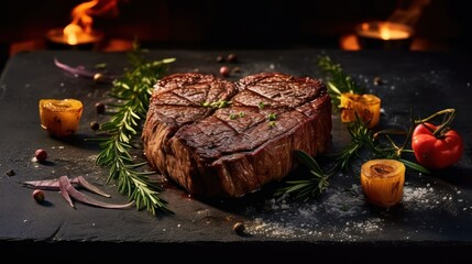 grilled beef steak in the form of a heart on a fork for Valentine's day on a stone background