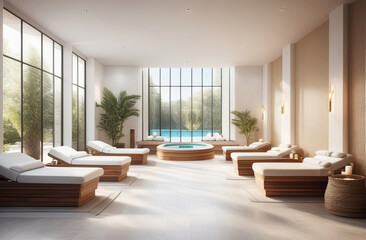 Fototapeta na wymiar interior of luxury spa salon with bath tub, neutral wooden colors, big windows, fresh plants