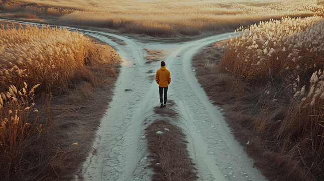 Decision-making concept, a person standing in front of a fork in the road, deciding which way to go