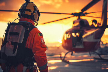 Rescuer entering rescue helicopter in dusk. Portrait, close up. First responders.