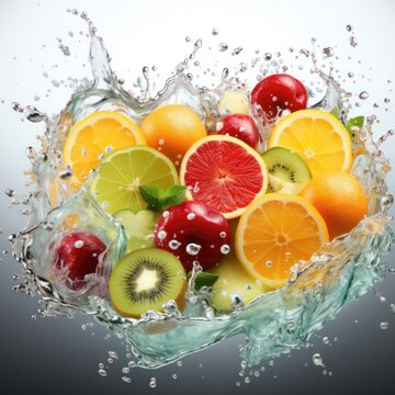 Fresh Fruits Falling with water Splash, cutout. Orange, grapefruit juicy citrus slice mix fly splashing, realistic, detailed. Grocery product package, advert © Happy Lab