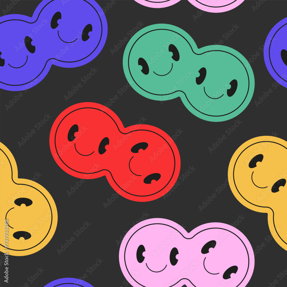 Poster seamless vector pattern with y2k smiling siamese twins faces. trippy emoji background. retro groovy 
