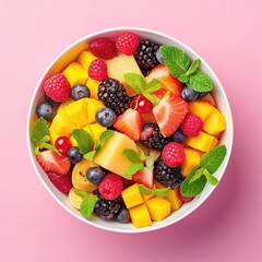 Salad Healthy Fresh on plate, on pink background. Vegetarian fruit salad with greens. Vegan mixed meal for restaurant, menu, advert or package, close up. Top view