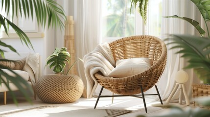 Cozy living room with rattan chair, plush cushions, and green plants near a window. Modern interior with natural light.