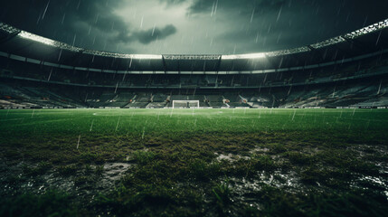 Green grass bottom view of a football in rain 