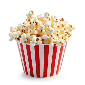 Popcorn in striped bucket, cutout minimal isolated on white background, realistic, detailed. Close up popcorn, takeaway for movie, cinema, entertainment