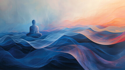 abstract image of buddha meditating over the sea at sunset - obrazy, fototapety, plakaty