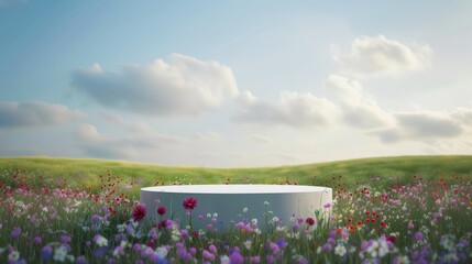 Blank product display podium with summer flowers field meadow on background. Beauty skincare...