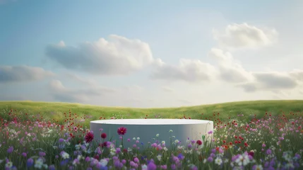 Foto op Plexiglas Blank product display podium with summer flowers field meadow on background. Beauty skincare cosmetics presentation. Organic natural concept. © lanters_fla