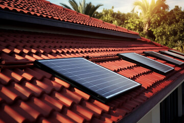 Illustration of new technologies, solar panels used in private small residential buildings, in the style of a multiple filter effect, environmentally friendly energy.