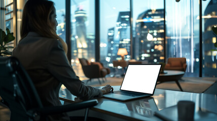 Businesswoman Working Late in Office with Cityscape