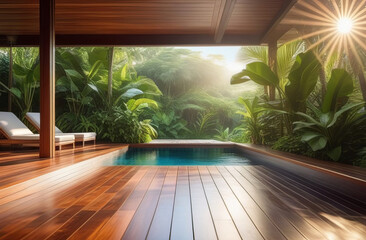 luxury spa and swimming pool, countryside villa, wooden deck with a pool in tropics - obrazy, fototapety, plakaty