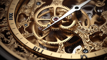 Fototapeta na wymiar Close-up of intricate bronze clockwork mechanism with gears and hands, vintage mechanical timepiece detail, steampunk inspired design, macro view of brass cogwheels and intricate watch parts