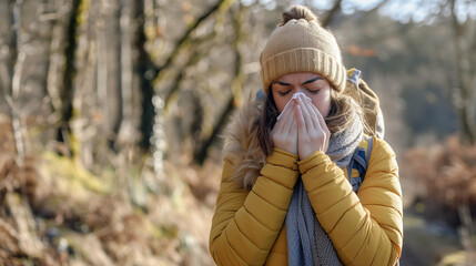 A woman in a yellow jacket and beige beanie blowing her nose with a tissue in a forest setting during a hike