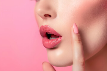 Close up of woman mouth deliver message by whispering with pink background.