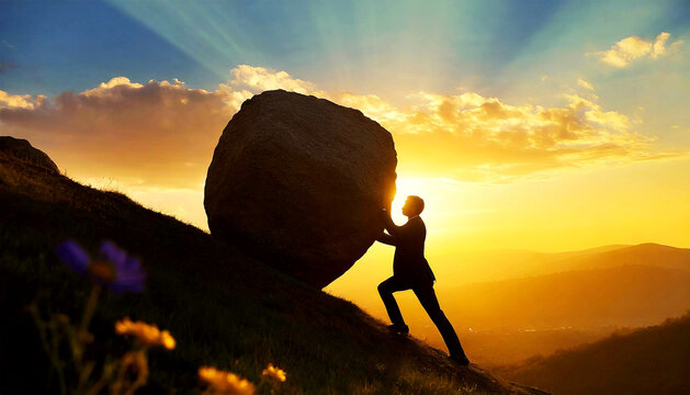Silhouette of businessman pushing huge stone boulder up on hill at sunset or sunrise. Metaphor of Sisyphus, character from Greek mythology. Generative Ai.