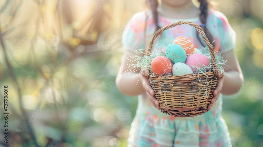 Poster child holding a easter basket with painted eggs 